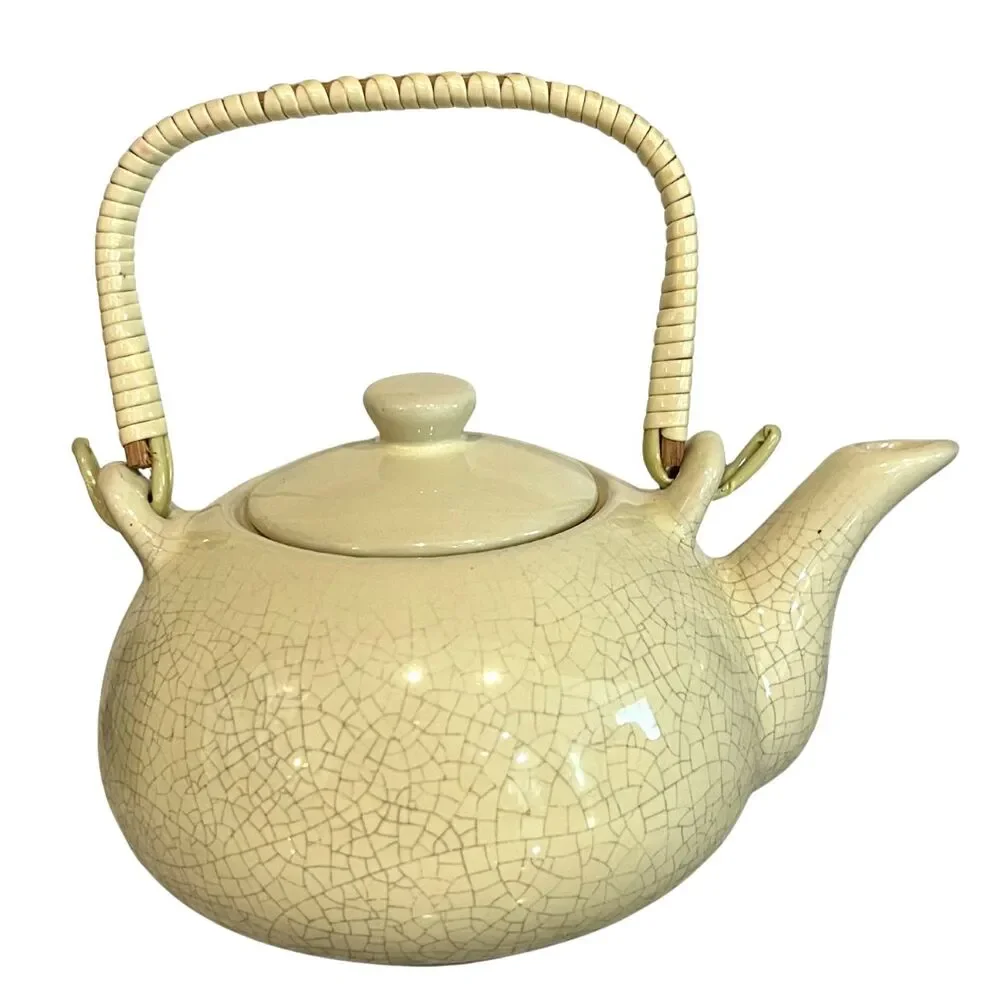 Japanese Kettle Teapot Brewer Pheasant Bird Crackle Glaze Crazed Woven Handle